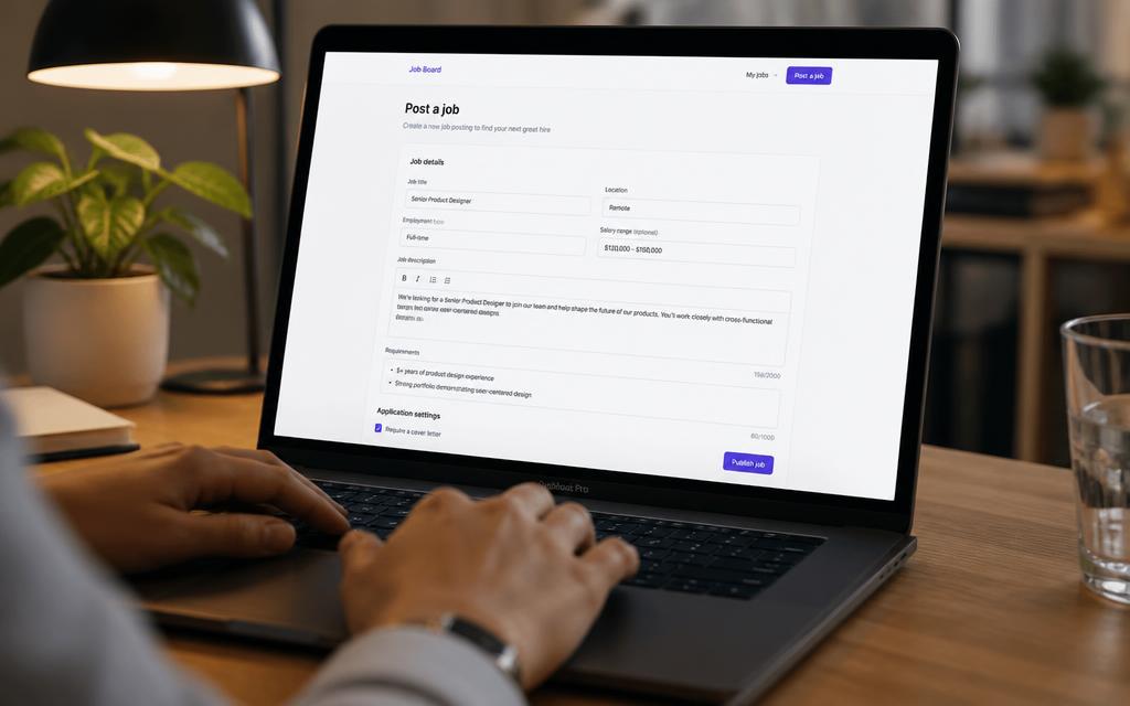 Hands typing a job posting on a laptop
