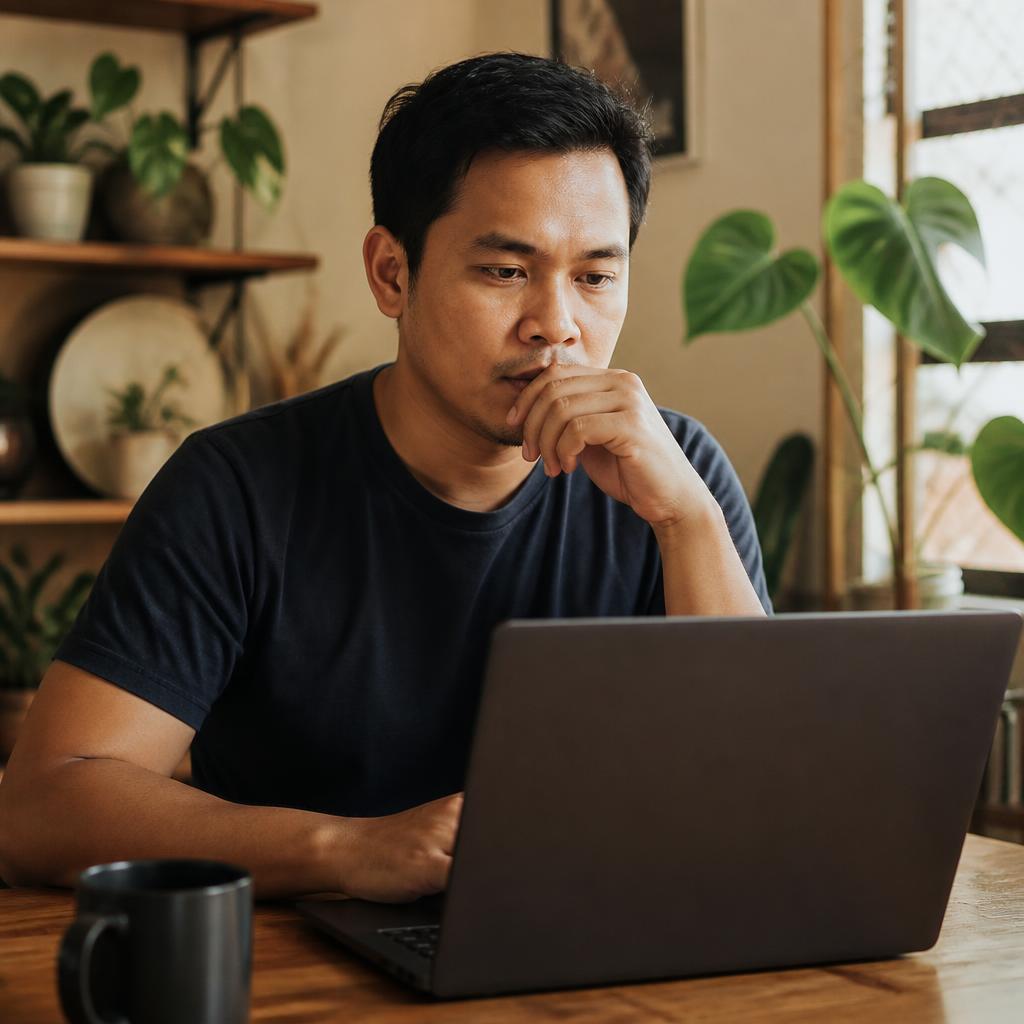 Person typing a question on a laptop at home