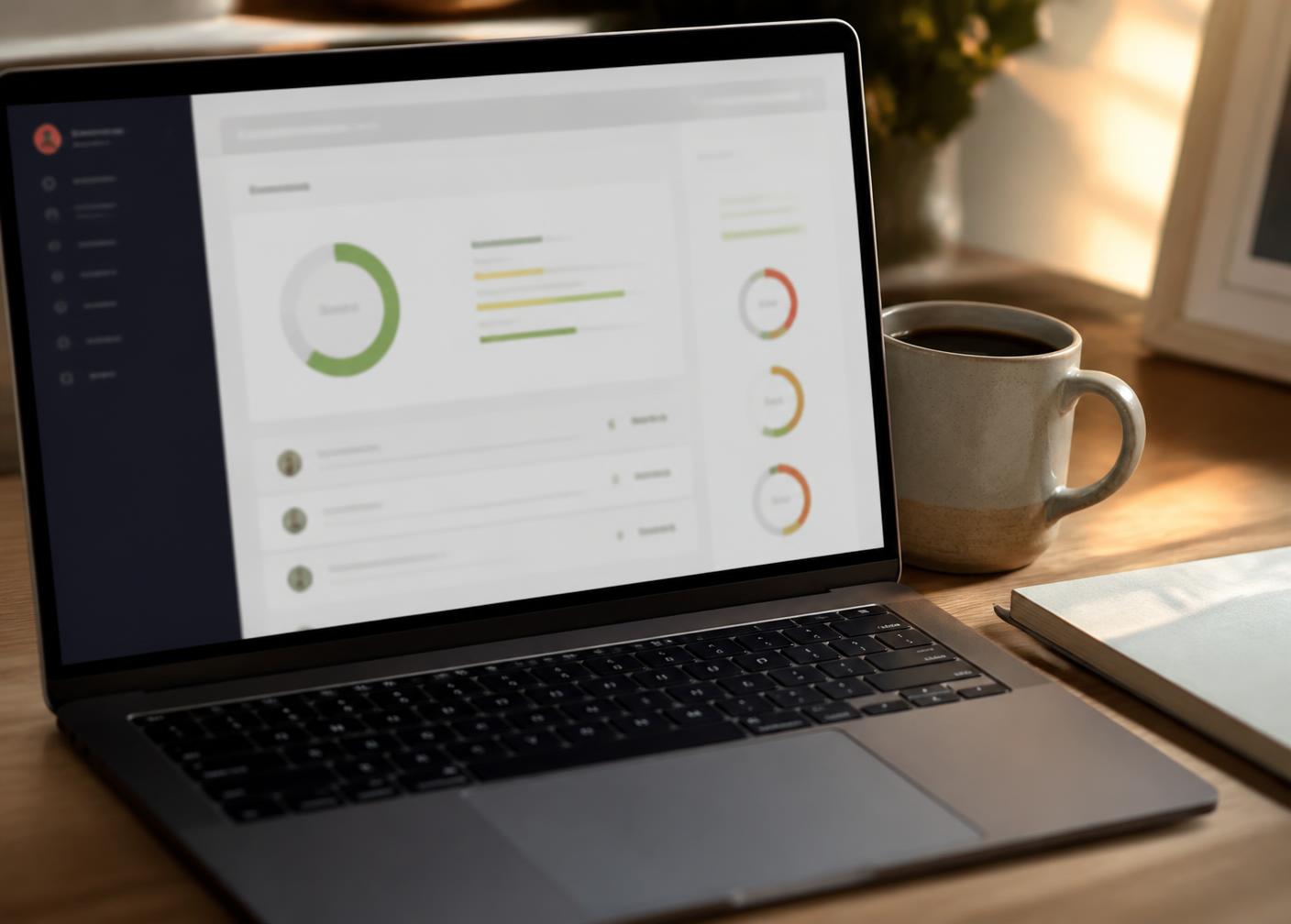 Laptop on a wooden desk showing job match scores next to a cup of coffee