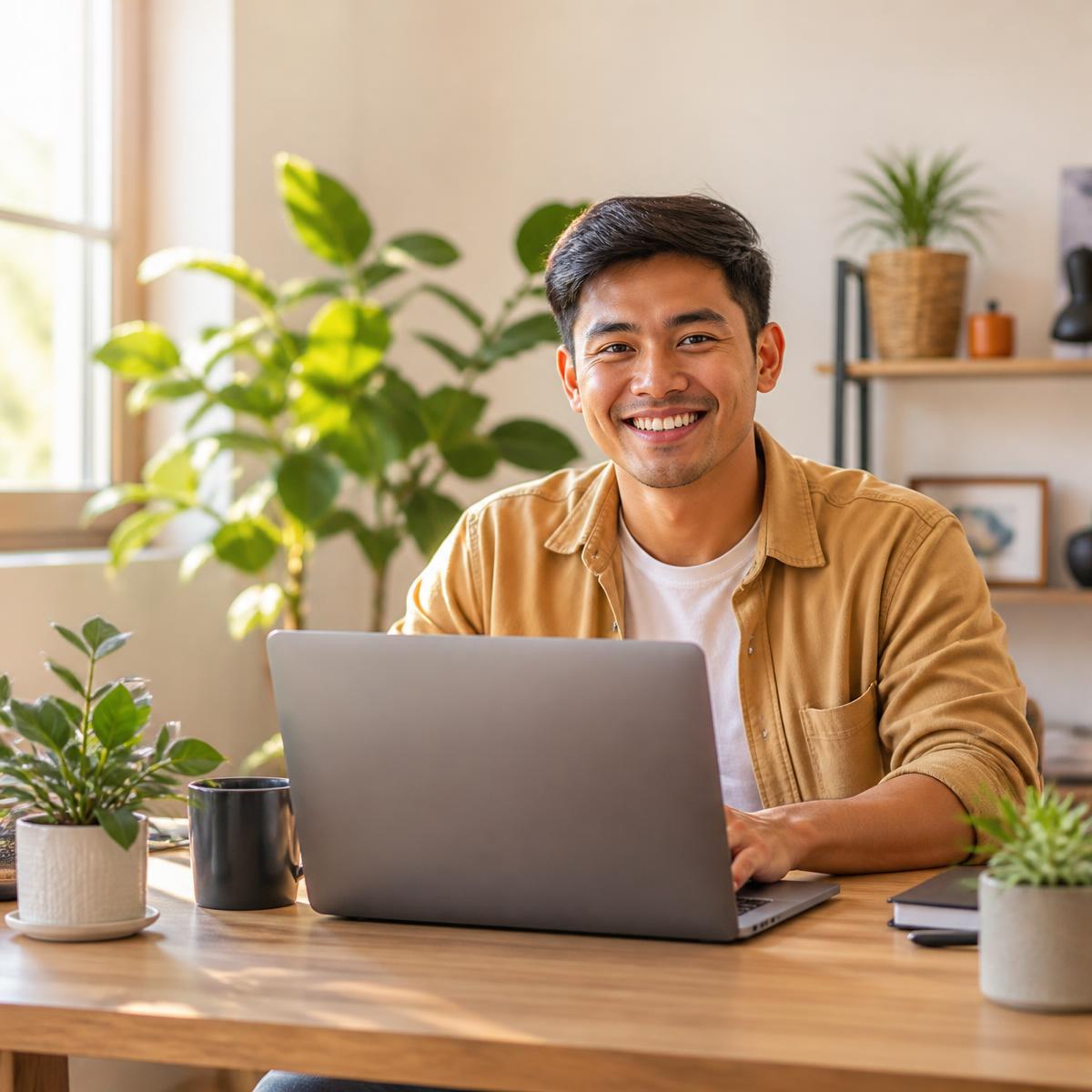 The same professional smiling while working in a bright, sunlit home office