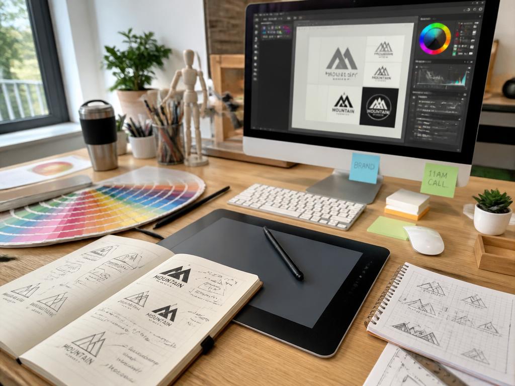 Creative desk with drawing tablet, colour swatches and logo sketches