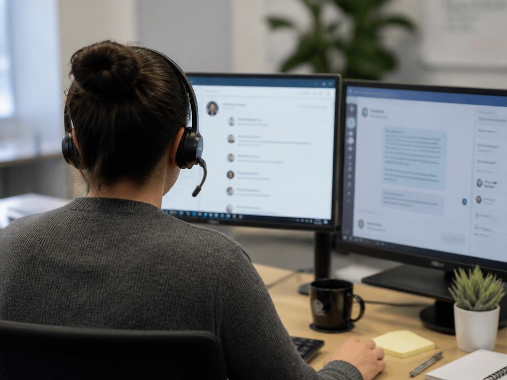 Support agent wearing a headset working across two monitors with chat windows