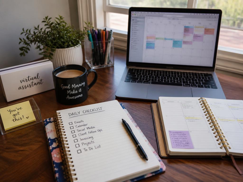 Organised home office desk with a daily checklist, planner and laptop calendar