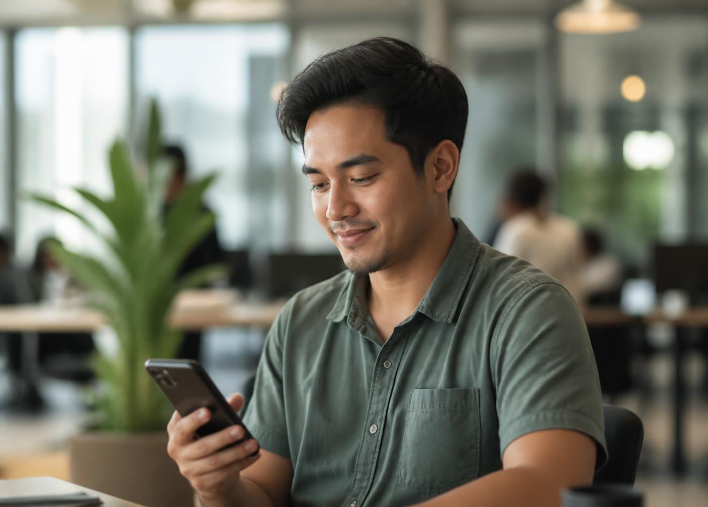 Filipino professional in a co-working space checking job offers on his phone